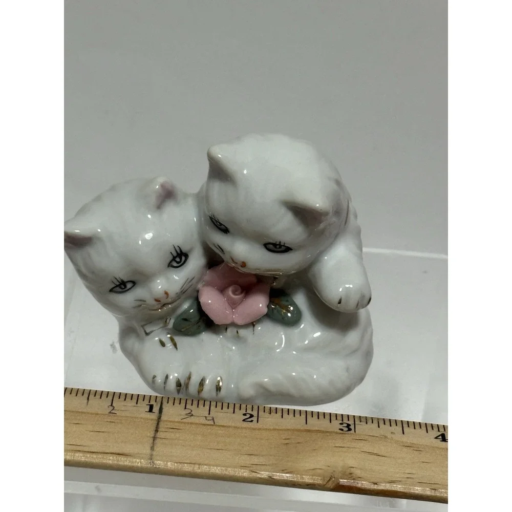 Vintage White Kittens Cuddling with Hand Painted Face‎ and Gold Trim Accents